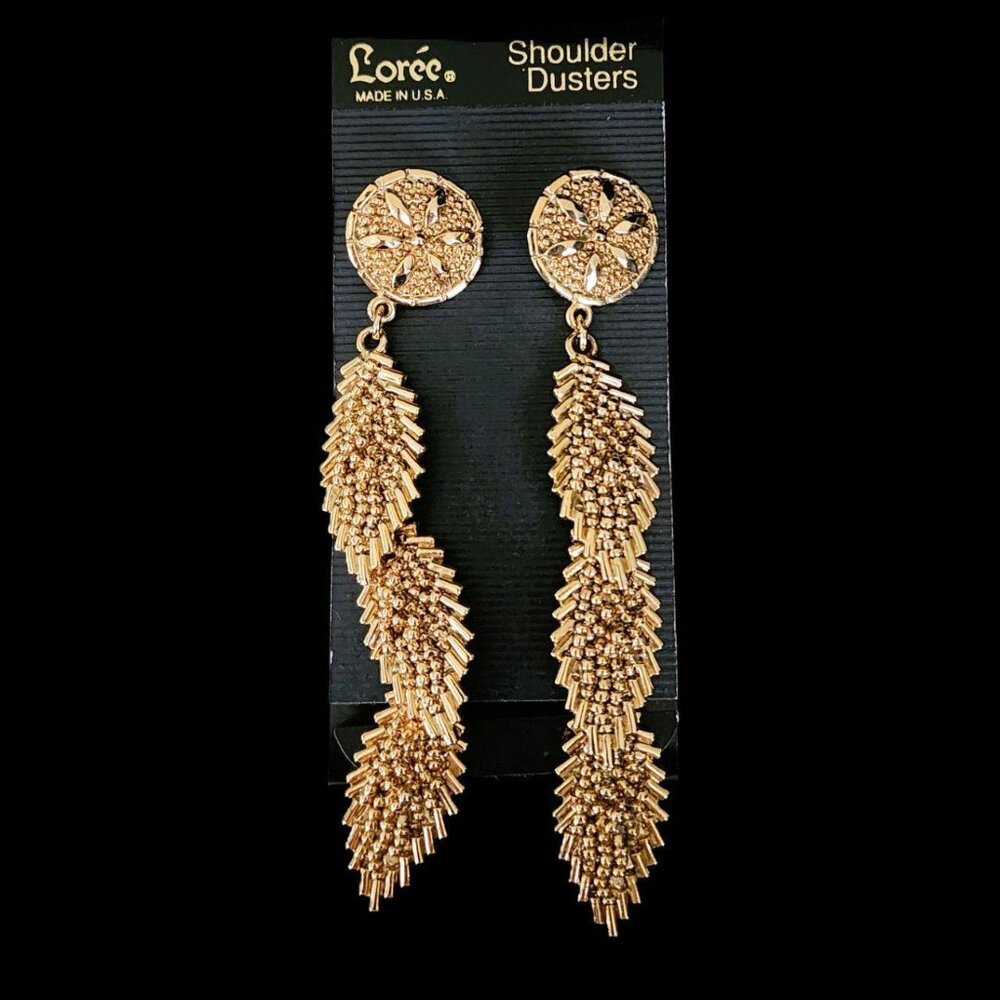Vintage Dramatic 1980s Lorée Sculptural Gold "Shoulder Dusters" Earrings